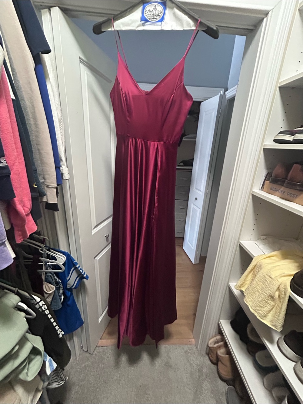 B Darlin Satin Spaghetti-Strap Maxi Dress in Berry